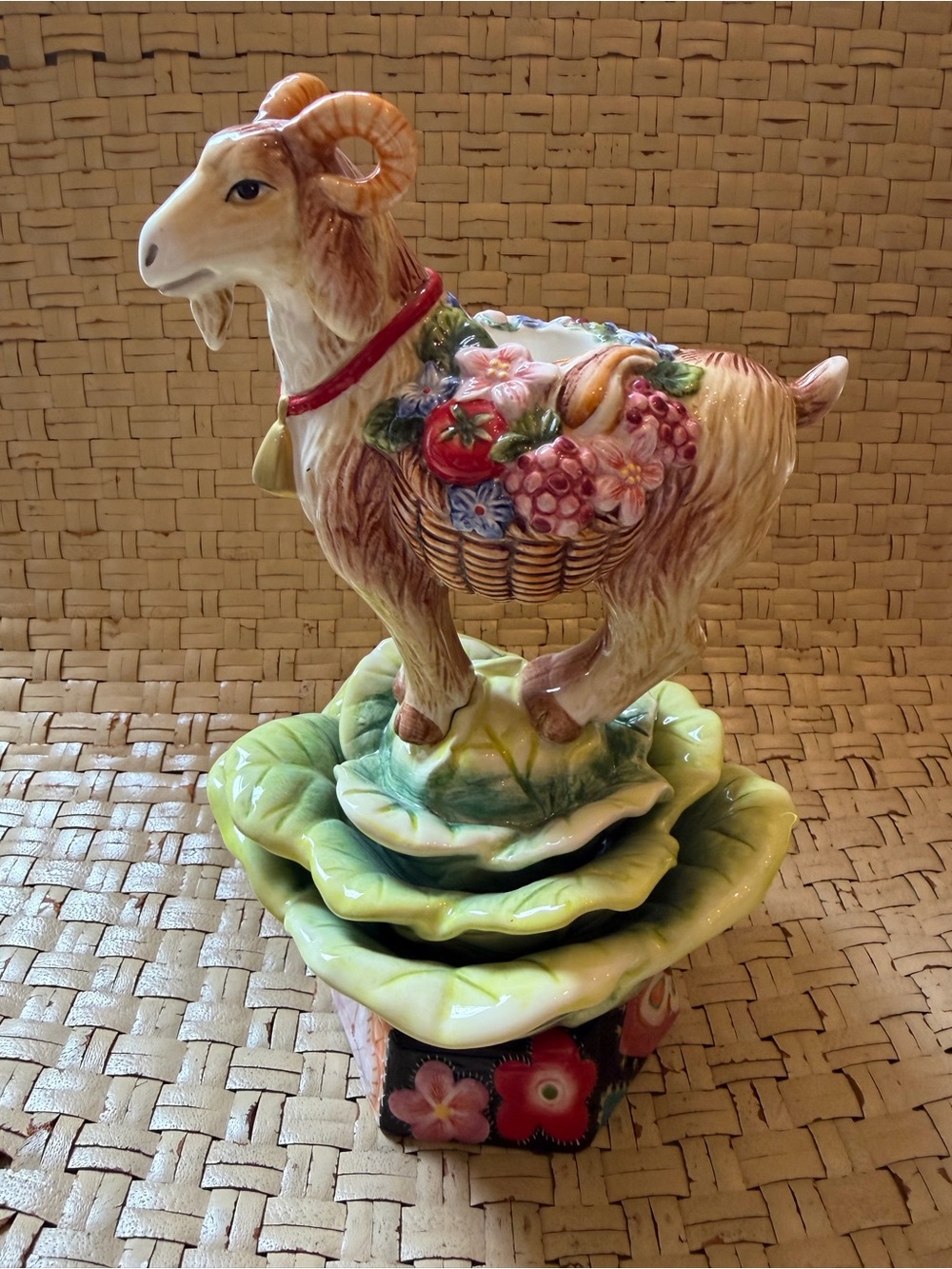 Fitz & Floyd  Multicolor Ceramic Ram Candlestick Figurine 9” Rare
